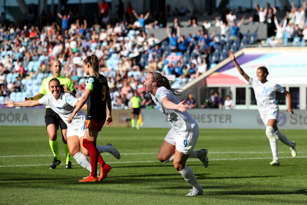Berglind Thorvaldsdottir of Iceland celebrates scoring her sides first goal to make the score 0-1
